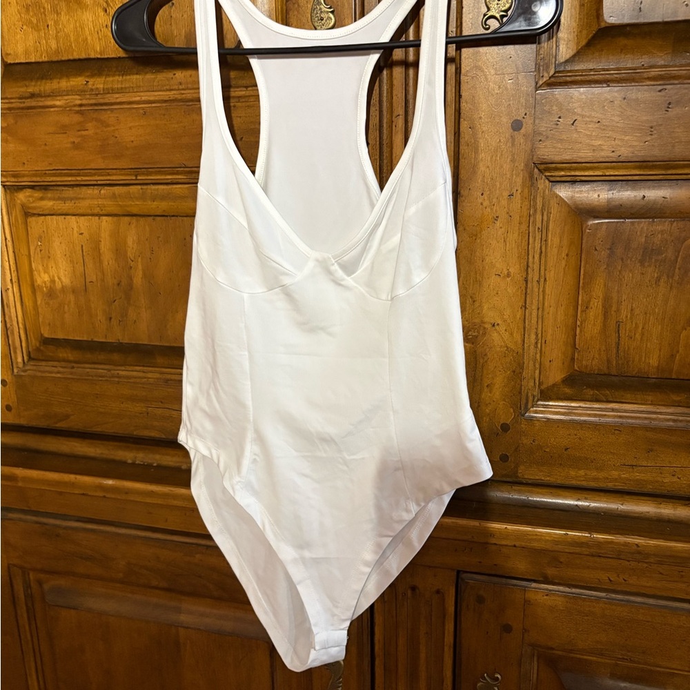 Allegra K White Racerback Plunge Bodysuit